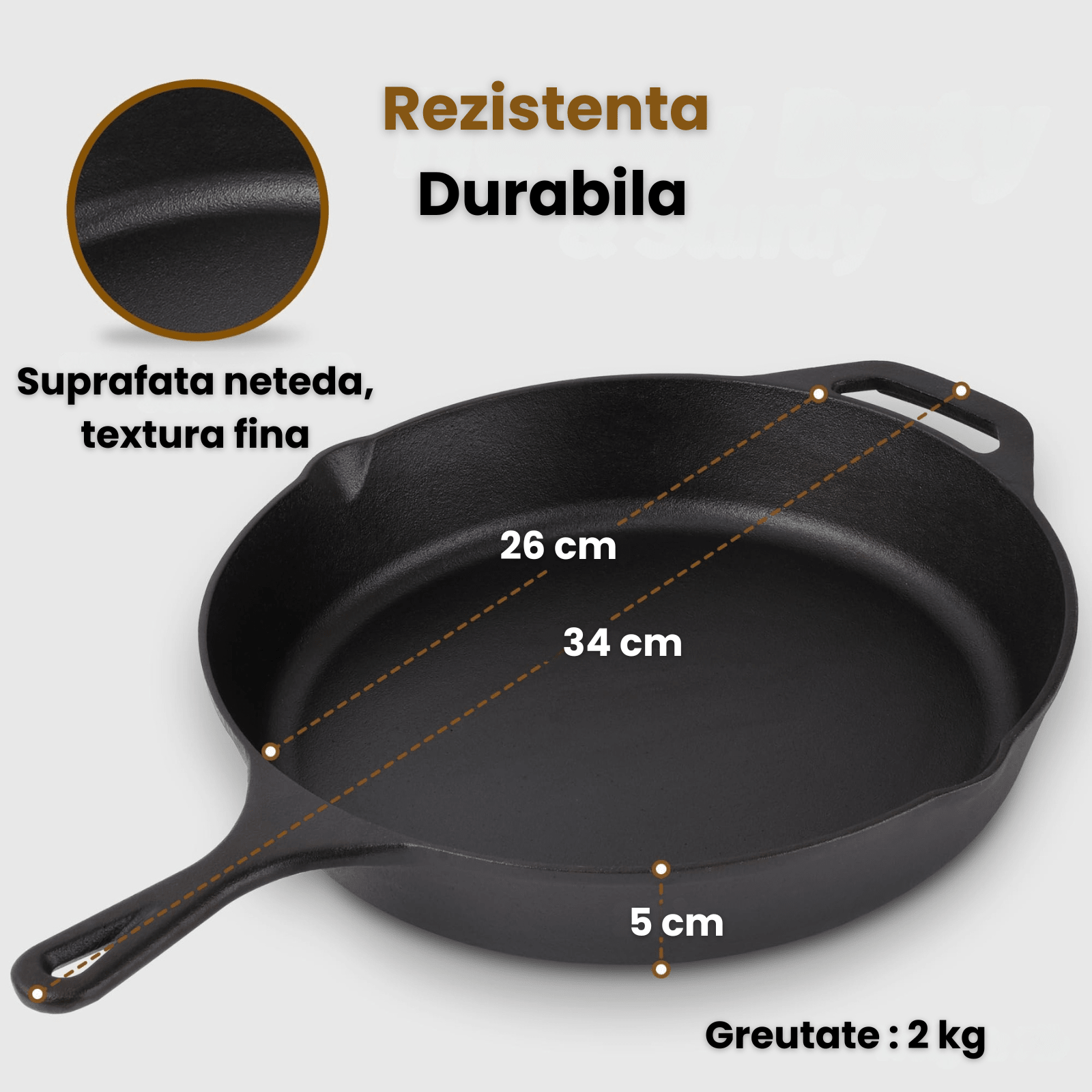 Tigaie rotunda din fonta HASEPE, compatibila cu inductie, cu manere duble si margini de scurgere, incalzire uniforma, durabila si usor de curatat, 26 x 5 cm - HASEPE