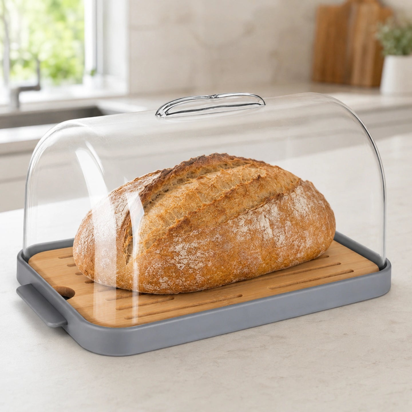 Cutie Paine HASEPE® Cu Capac Transparent, Cutie Depozitare Paine Din Plastic PP Si Bambus