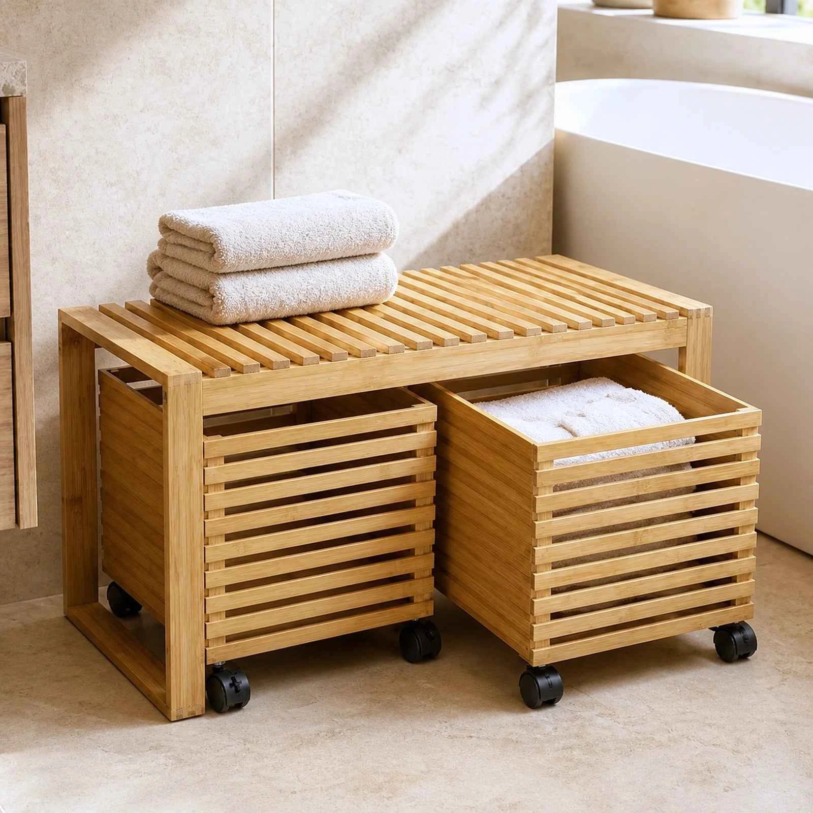 Cos de rufe HASEPE® din Bambus cu Taburet, cos depozitare cu 2 sertare pe roti, banca cu depozitare 38x38,5x75,6 cm
