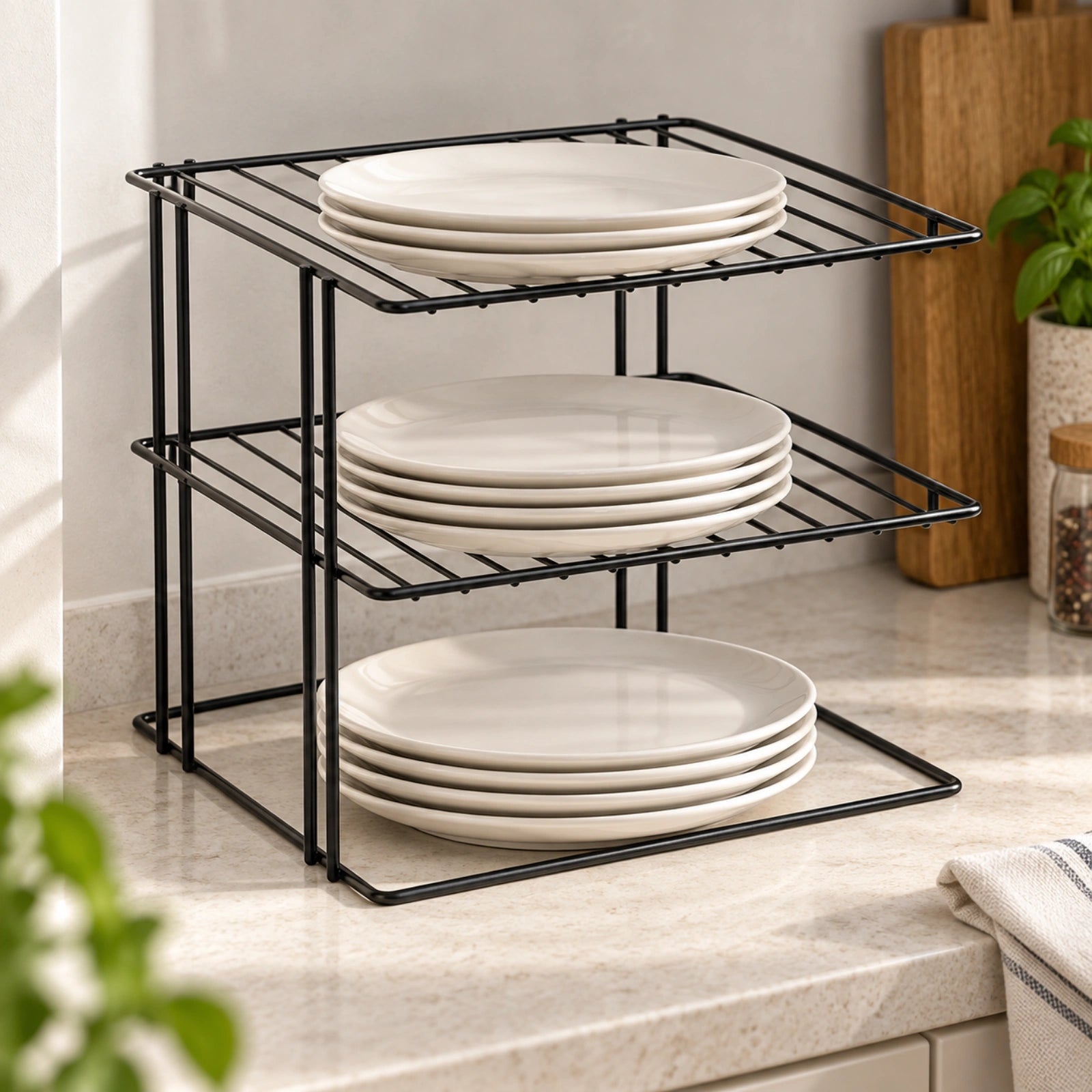 Organizator bucatarie HASEPE® raft de colt cu 3 nivele, metal negru, 23x23x21 cm, raft organizator pentru farfurii si dulap