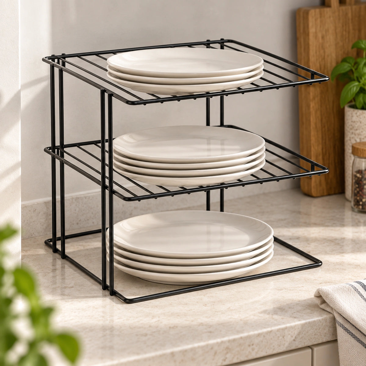 Organizator bucatarie HASEPE® raft de colt cu 3 nivele, metal negru, 23x23x21 cm, raft organizator pentru farfurii si dulap