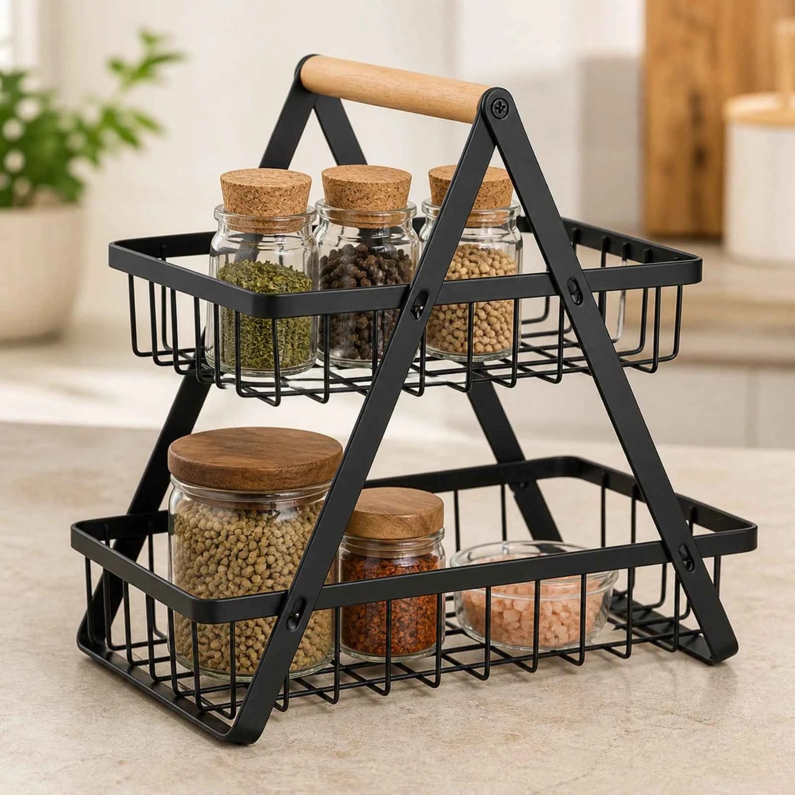 Raft Bucatarie HASEPE® Cu 2 Nivele, Etajera Depozitare Metalica Neagra Cu Maner Din Lemn, 22x14x26cm