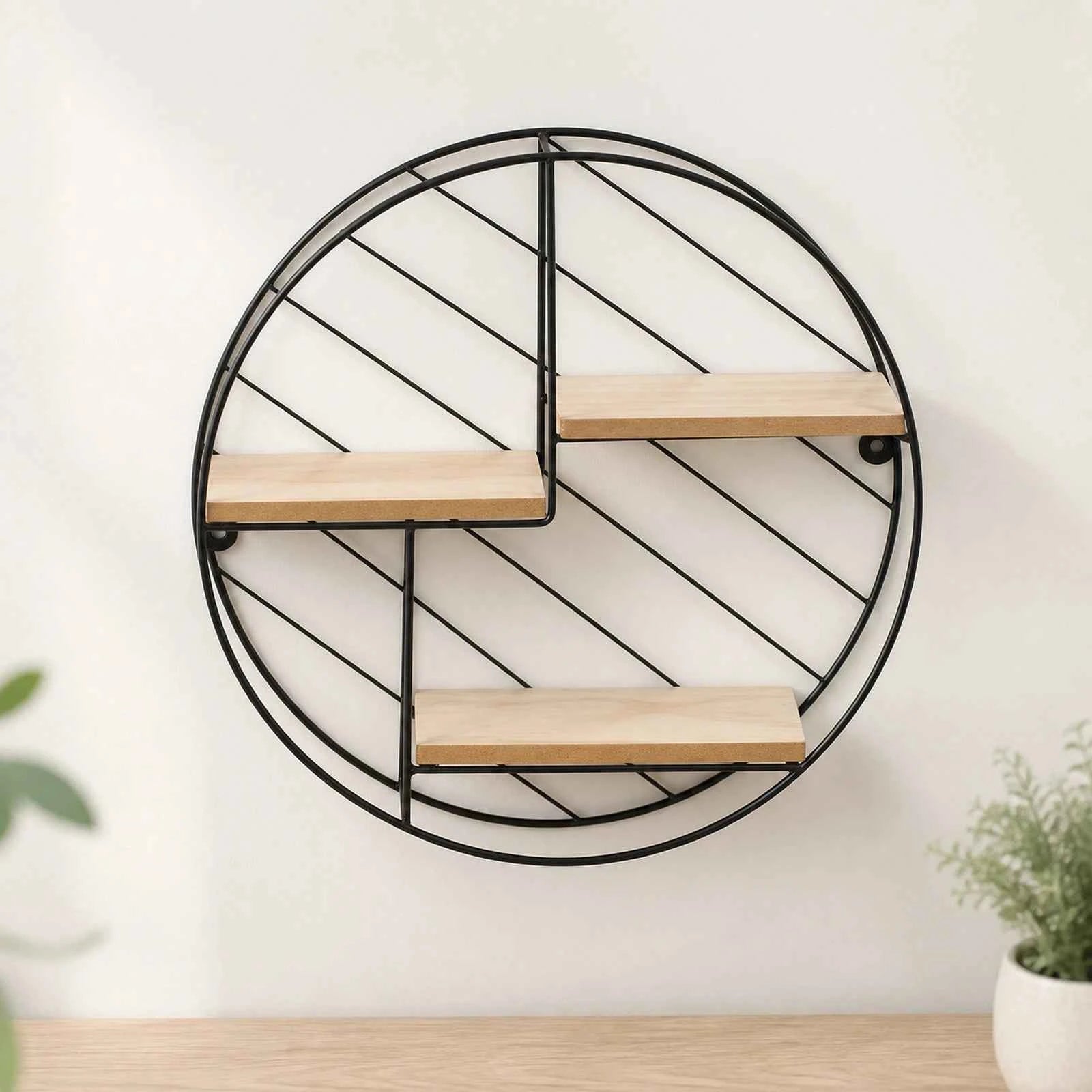 Raft Suspendat HASEPE® Decorativ Rotund, Raft Perete cu 3 Nivele MDF, Etajera Perete Metal si Lemn, Raft Suspendat Ø30x9 cm