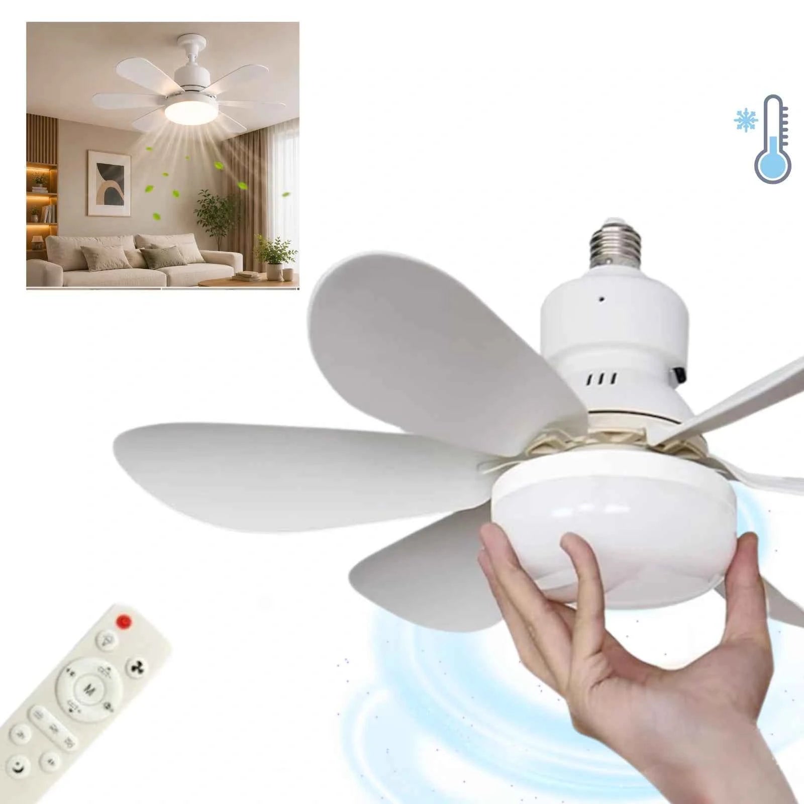 Ventilator HASEPE® Plafon Cu LED, Plafoniera Cu Ventilator E27, Ventilator Plafon 6 Palete, Telecomanda, 3 Trepte Viteza, Timer 2H/4H