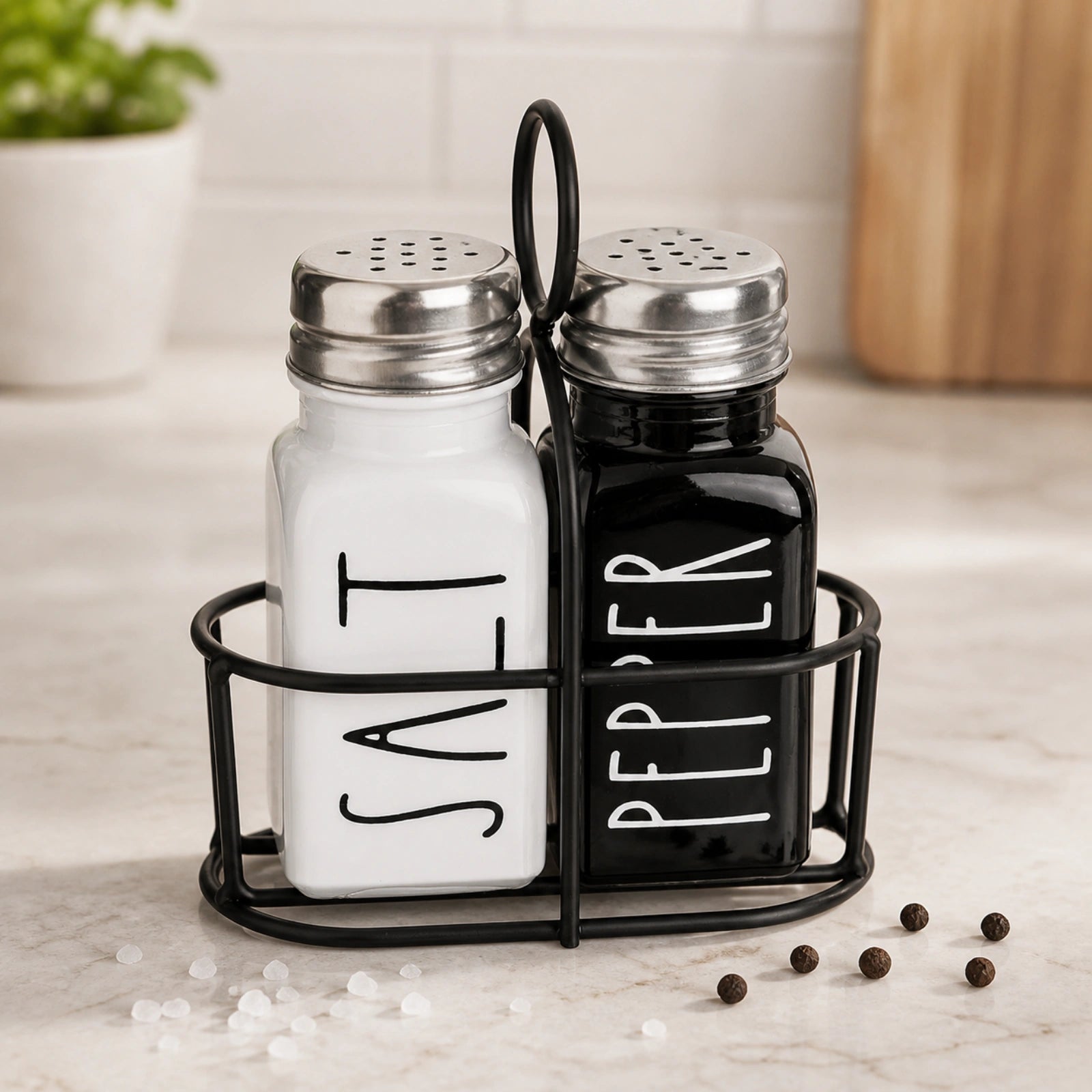 Set Solnita Sare Piper HASEPE® Din Sticla Cu Baza Metalica, Dozator Condimente Elegant 85ml