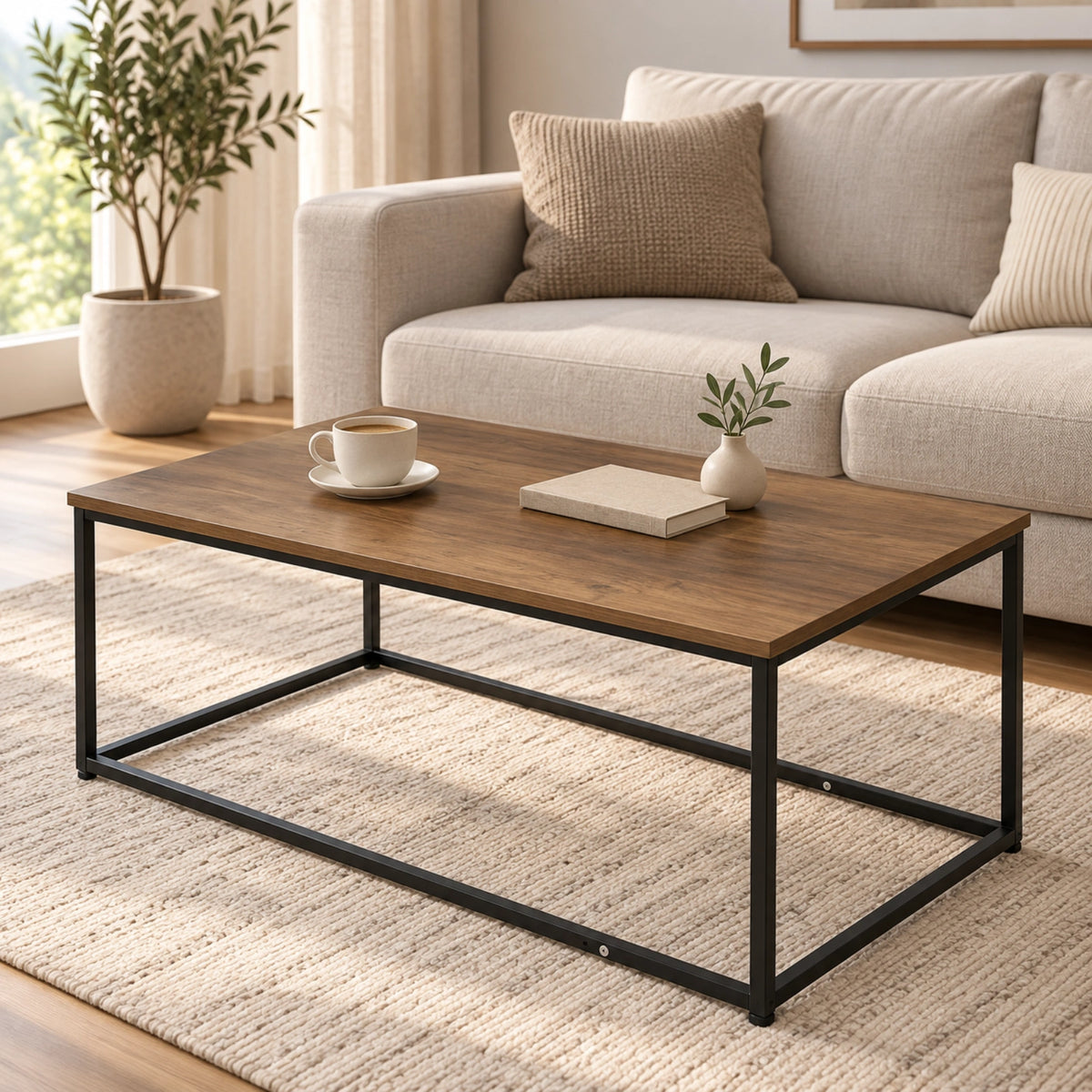 Masa HASEPE® Dreptunghiulara 90x48x40 cm, Blat MDF Culoare Naturala Si Cadru Metalic Negru, Masuta Pentru Living Si Interior