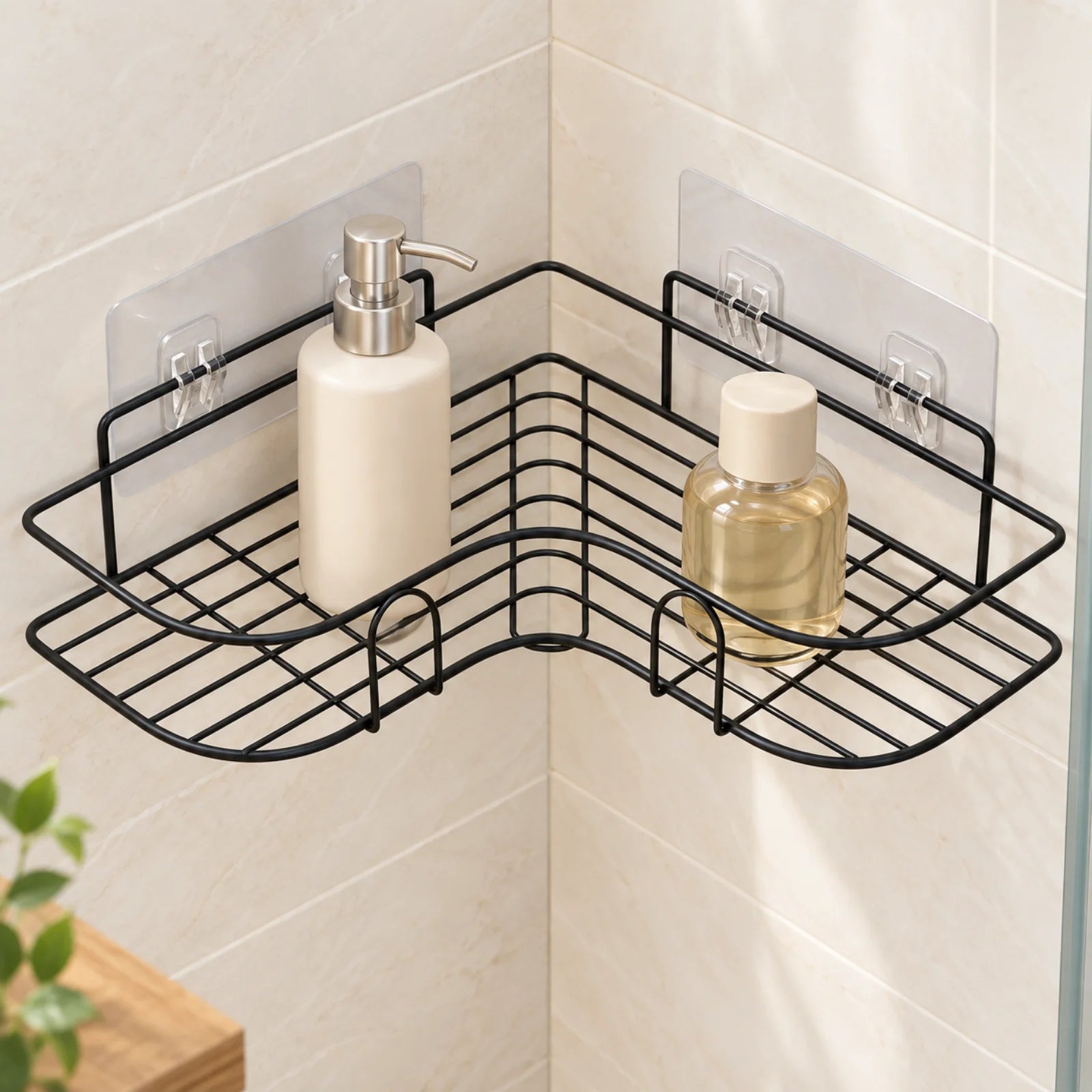 Raft de Dus HASEPE® Pentru Baie Din Metal Negru, Raft Colt Autoadeziv Fara Gaurire 26x26x6cm