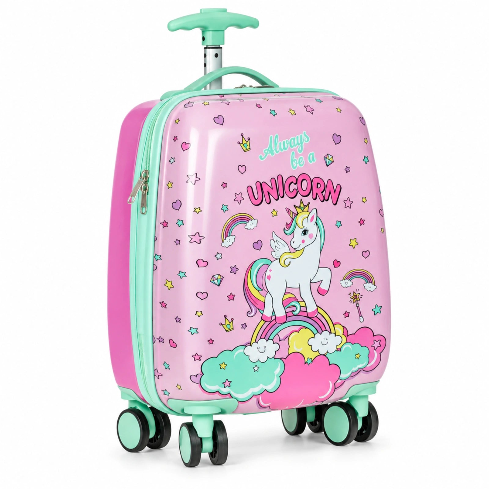 Troler Copii HASEPE® Roz Verde cu Unicorn, Valiza Copii 22.8L din Copolimer ABS, 4 Roti Duble Rotative, Maner Telescopic pana la 85 cm