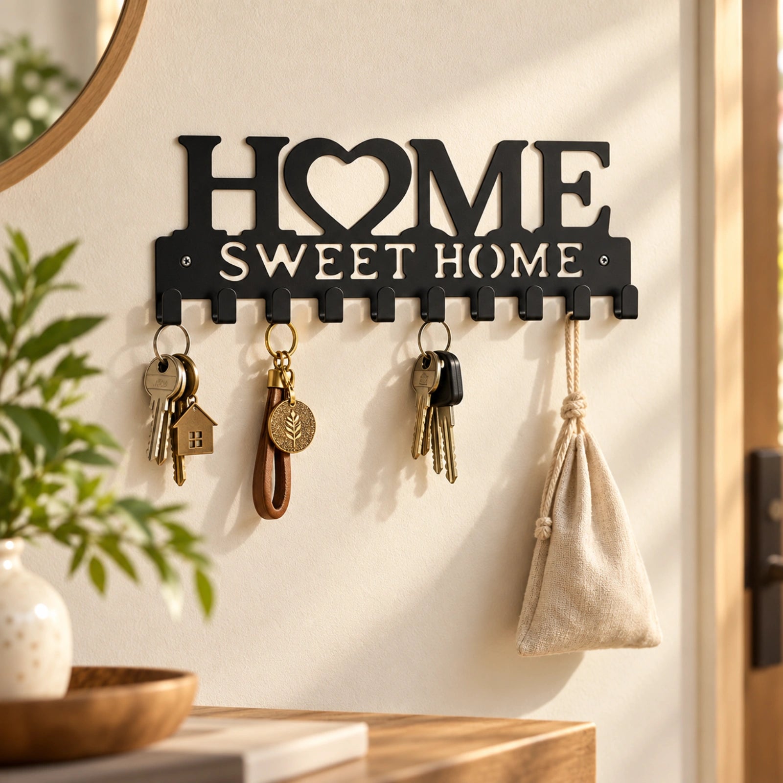 Cuier de perete HASEPE® metalic negru, 10 carlige, model Home Sweet Home, cuier perete pentru chei, 26x9,2x1,7 cm
