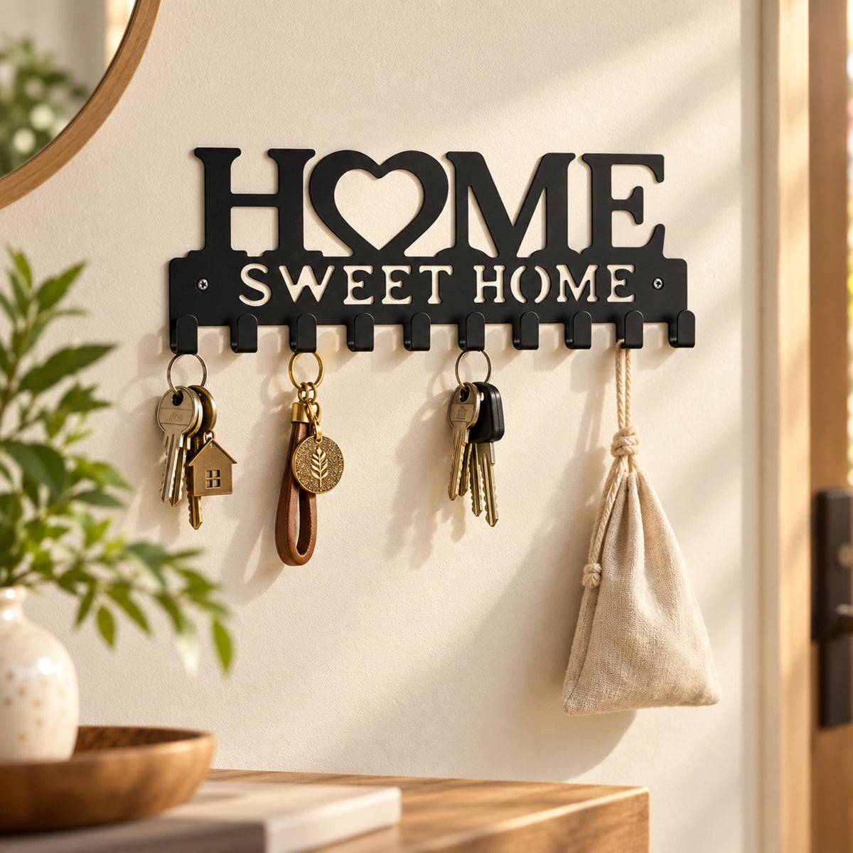 Cuier de perete HASEPE® metalic negru, 10 carlige, model Home Sweet Home, cuier perete pentru chei, 26x9,2x1,7 cm