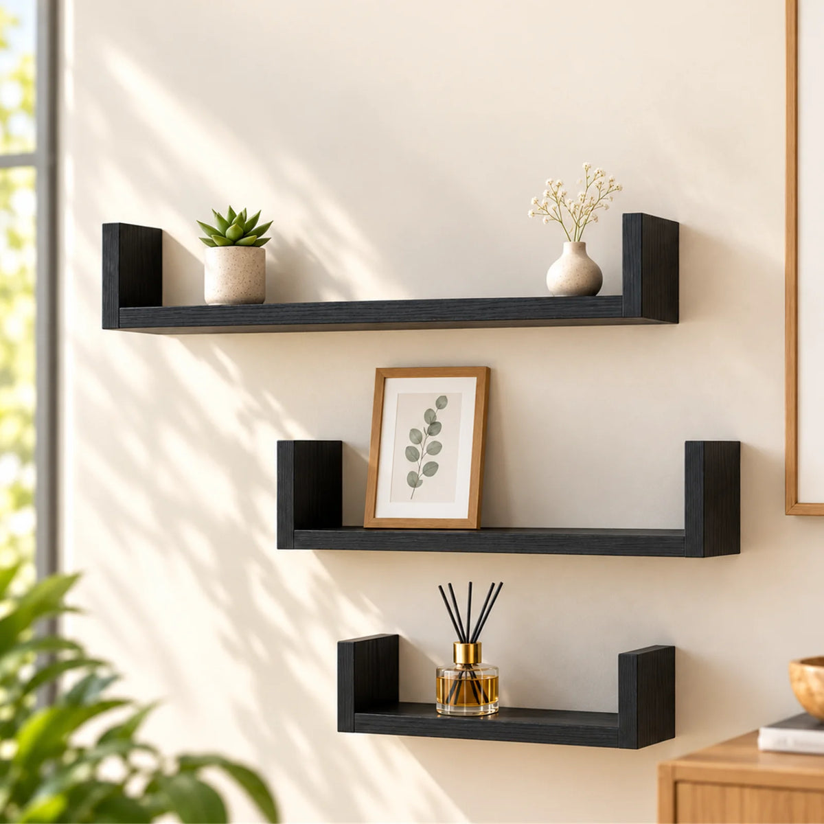 Set 3 Rafturi De Perete HASEPE®, Set 3 Rafturi Suspendate Negru, Rafturi Decorative Cu Suporturi Ascunse