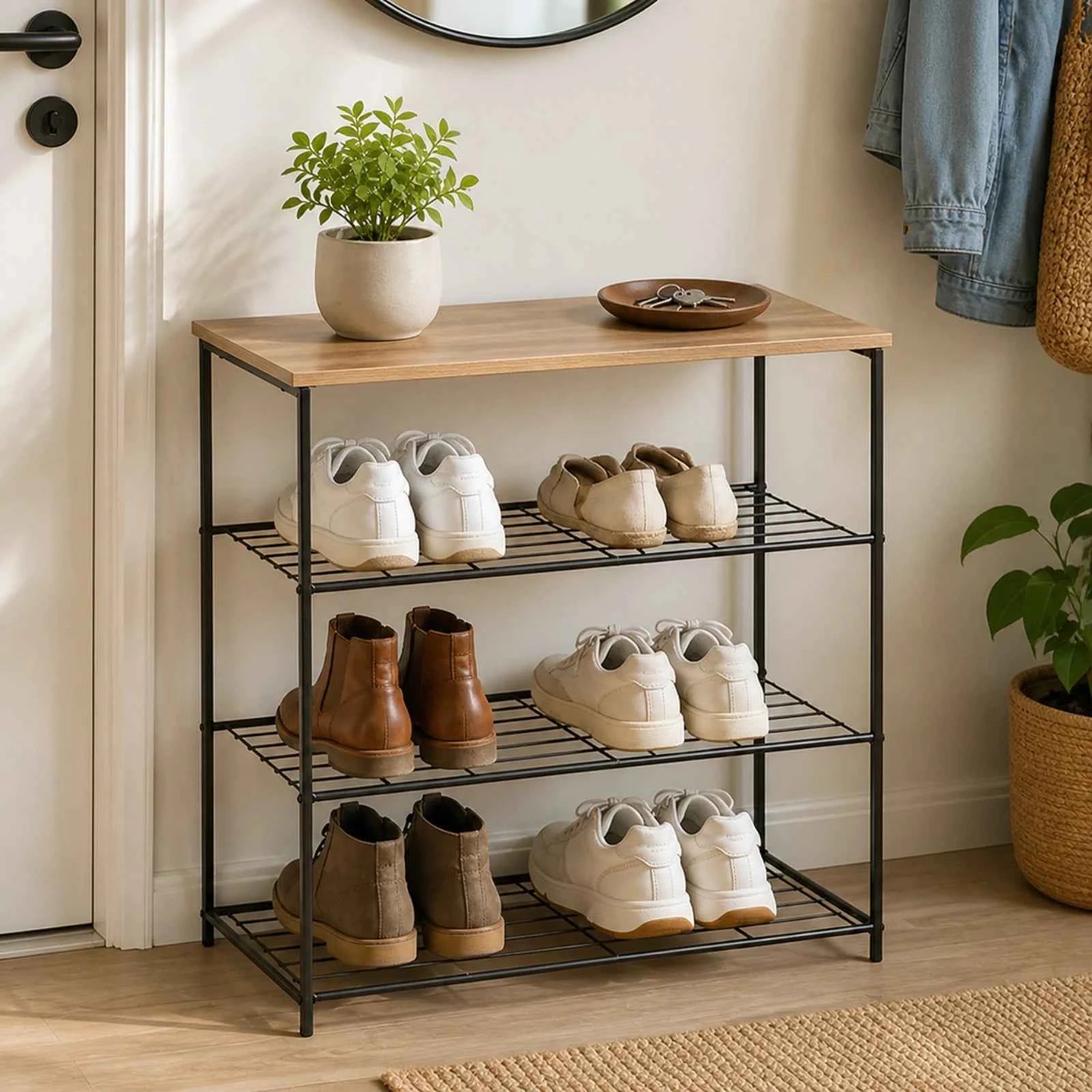 Pantofar HASEPE® Metalic cu Raft din Lemn, 3 Rafturi pentru Incaltaminte, 60x30x63 cm, Pantofar pentru Hol si Intrare