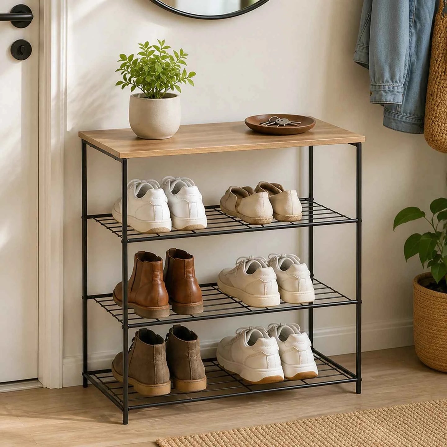 Pantofar HASEPE® Metalic cu Raft din Lemn, 3 Rafturi pentru Incaltaminte, 60x30x63 cm, Pantofar pentru Hol si Intrare