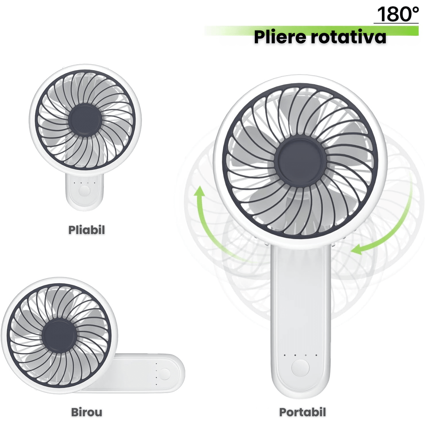 Ventilator portabil pliabil USB HASEPE, 3 viteze, rotire 180°, diametru 21 cm, autonomie 1,5–5 ore, compact si silentios, ideal pentru birou, plaja, calatorii, alb - HASEPE