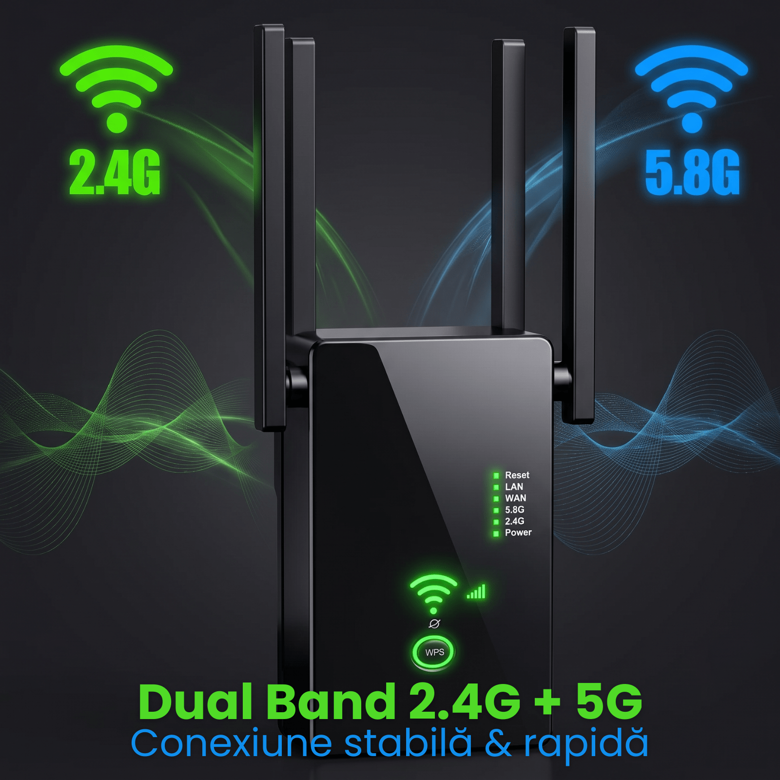 Amplificator Semnal HASEPE® Wireless WiFi 1200M Dual Band, Range Extender Amplificator Semnal Cu 4 Antene, Repeater Router Si AP, Amplificator Semnal Retea 2.4GHz 5GHz, Port LAN, Securitate WPA2, Ampl - HASEPE