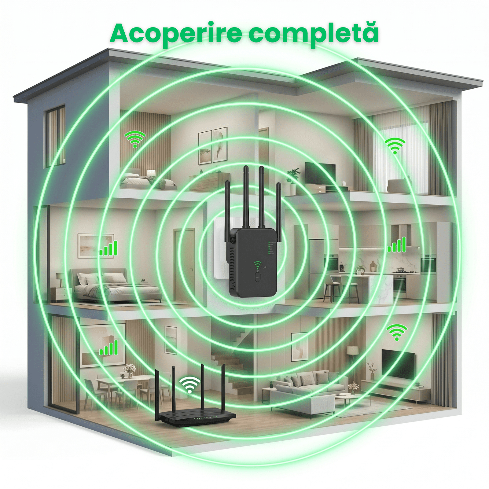 Range Extender WIFI HASEPE® 1200M Dual Band, Repeater WIFI Semnal, Amplificator WIFI Cu Acoperire Extinsa, Range Extender WIFI Cu Protectie, Repeater WIFI Casa Birou, Amplificator WIFI Stabil, Design - HASEPE