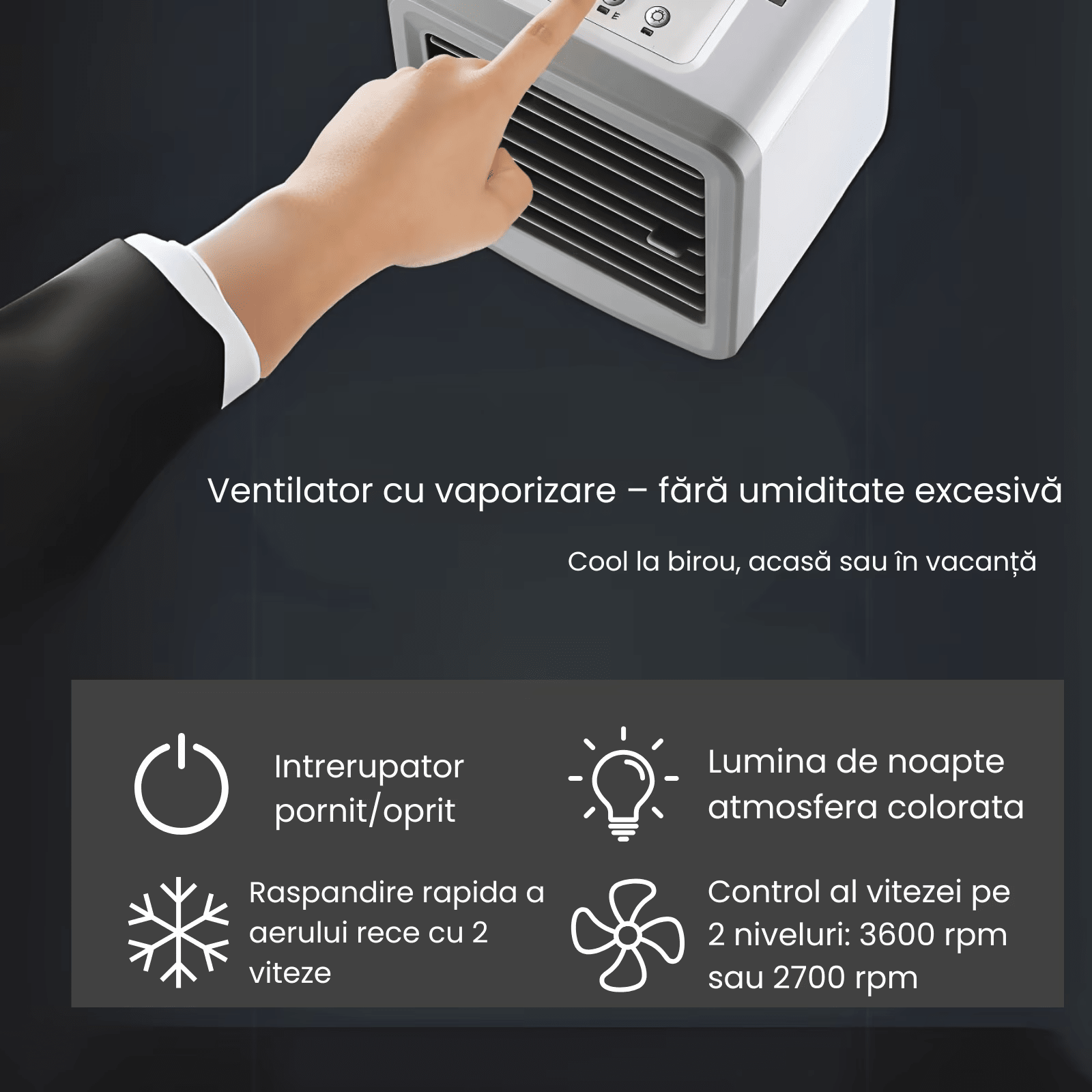 Racitor Ventilator aer portabil HASEPE, Ventilator pulverizare cu Apa, Mini aer USB, Silentios cu 2 viteze 3600 rpm/2700 rpm, Rezervor 200ml, Lumina LED, Buton ON/OFF, Climatizare Personala pentru Bir - HASEPE