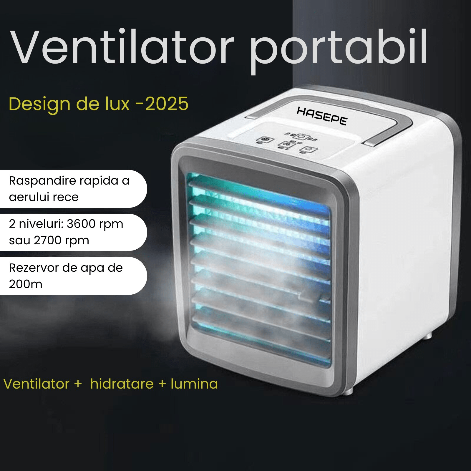 Racitor Ventilator aer portabil HASEPE, Ventilator pulverizare cu Apa, Mini aer USB, Silentios cu 2 viteze 3600 rpm/2700 rpm, Rezervor 200ml, Lumina LED, Buton ON/OFF, Climatizare Personala pentru Bir - HASEPE