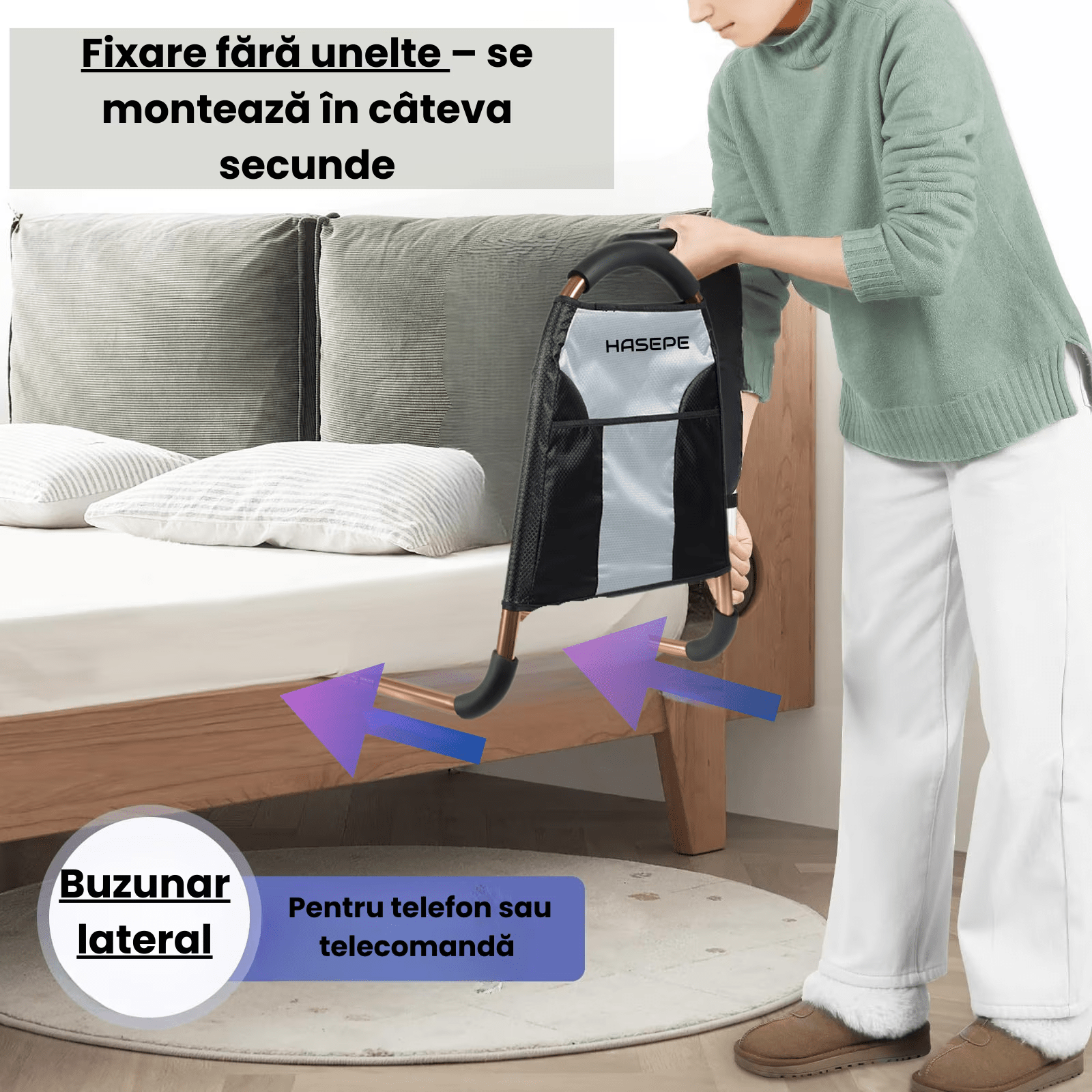 Maner de sprijin si balustrada pentru pat HASEPE, cu 3 bare de stabilizare si maner antiderapant, buzunar lateral, suport ridicare persoane varstnice, pacienti dupa operatie, femei insarcinate sau cu - HASEPE
