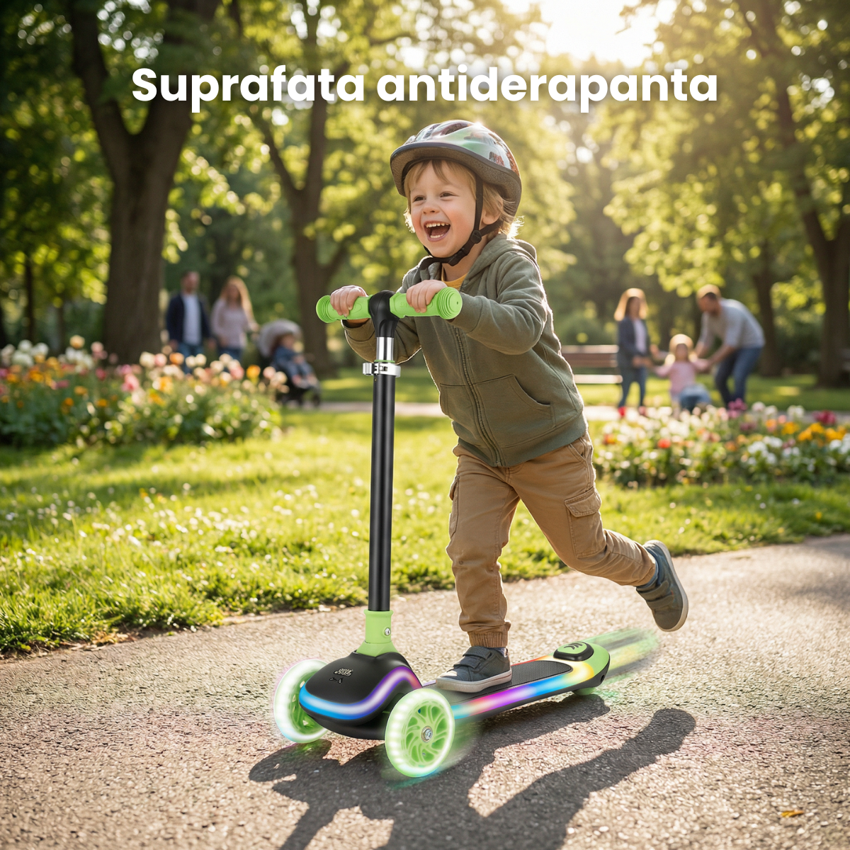 Trotineta Copii HASEPE Cu 3 Roti, Trotineta Cu Led In Roti, Inaltime 80 Cm, Ghidon Stabil, Design Pentru Echilibru, Trotineta Pentru Copii Usor De Folosit, Culoare Verde, Trotineta Copii Pentru Joaca