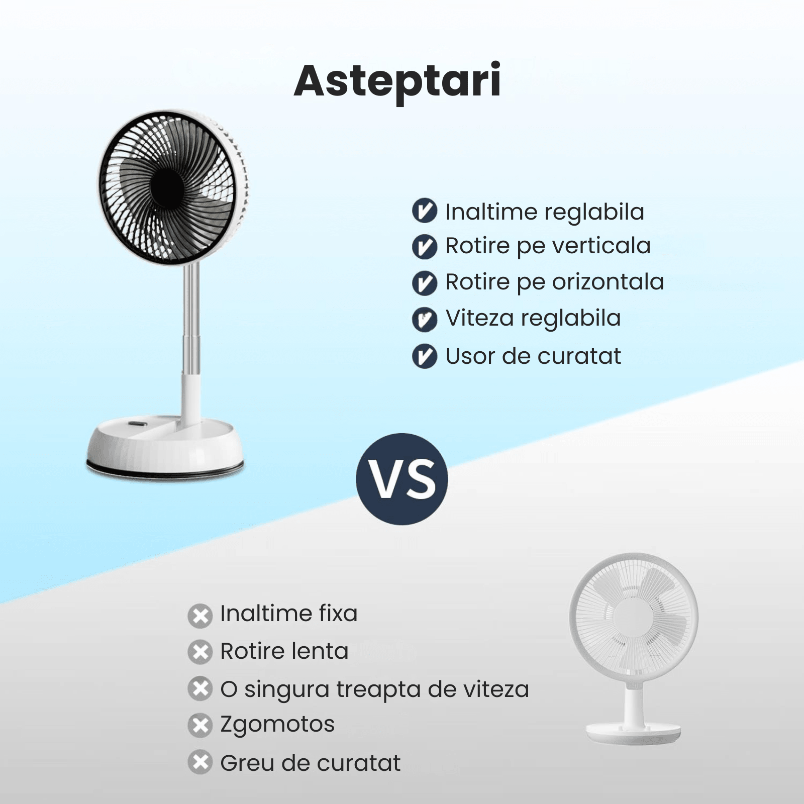 Ventilator portabil telescopic HASEPE, pliabil cu telecomanda, 3 viteze, reglabil pe inaltime 35 - 85 cm, rotire automata 90°, cap inclinabil 180°, USB, diametru 20 cm, alb - HASEPE