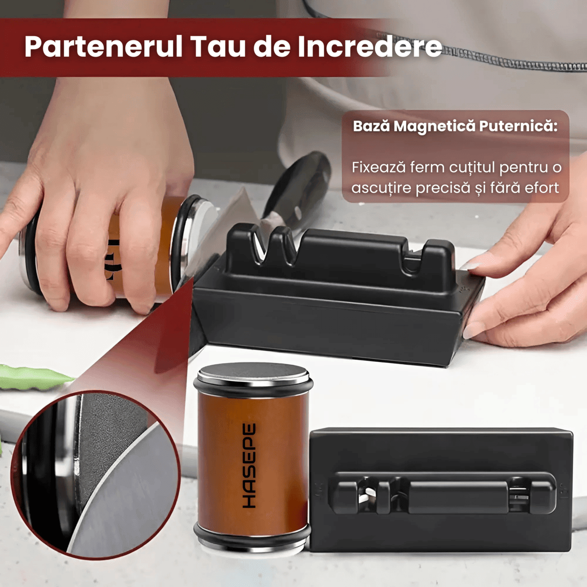 Ascutitor Cutite Rulant Profesional 5 in 1 HASEPE, Piatra Diamantata cu 2 Granulatii (400/1000), Suport Magnetic 15°/20°, Multifunctional, Pentru Cutite si Lame Ceramica - HASEPE