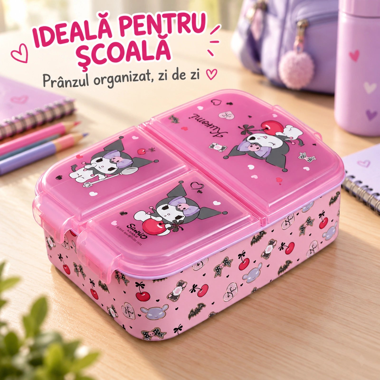 Cutie alimentara HASEPE®, 790 ml, 3 compartimente, caserola copii roz, cutie alimentara pentru scoala si after school