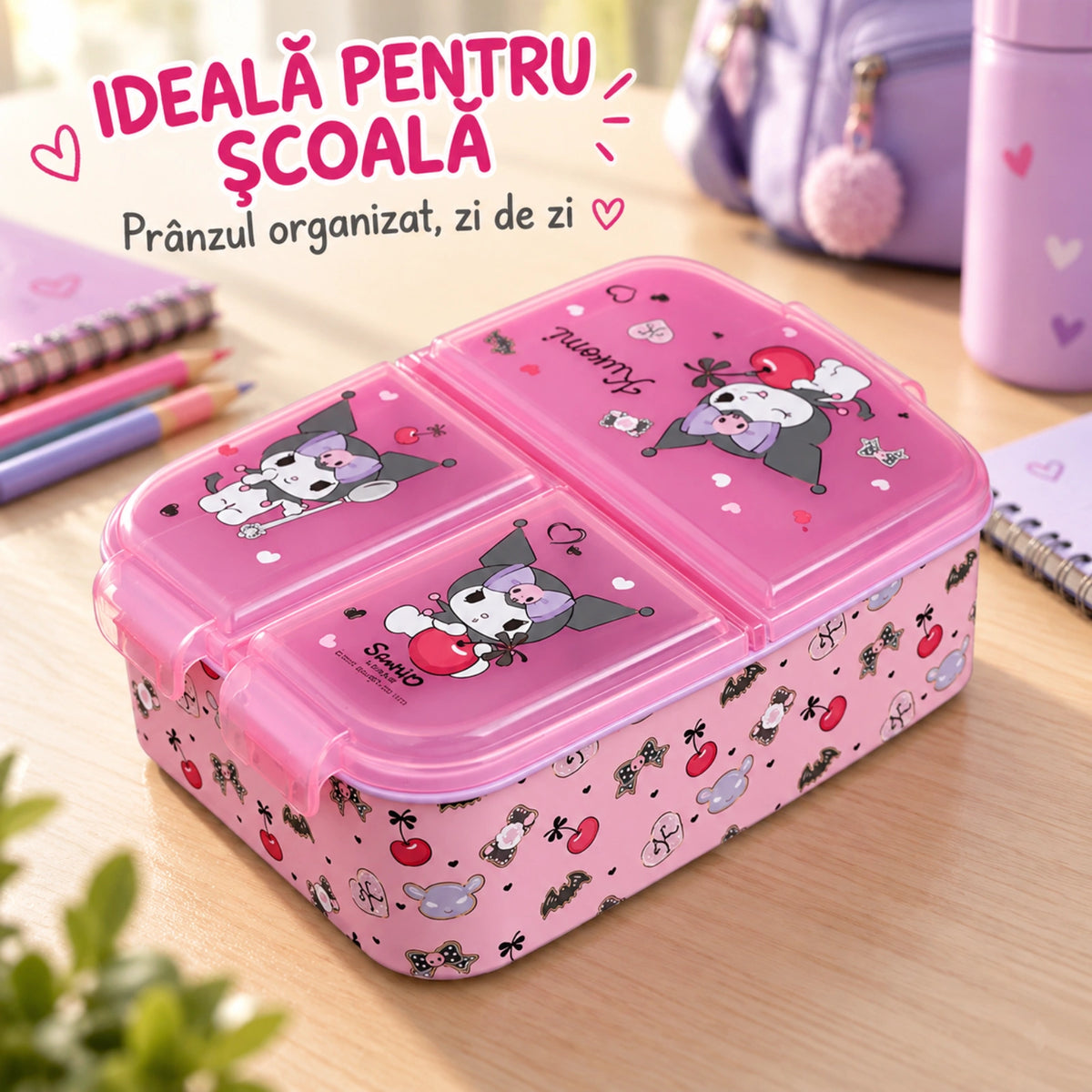 Cutie alimentara HASEPE®, 790 ml, 3 compartimente, caserola copii roz, cutie alimentara pentru scoala si after school