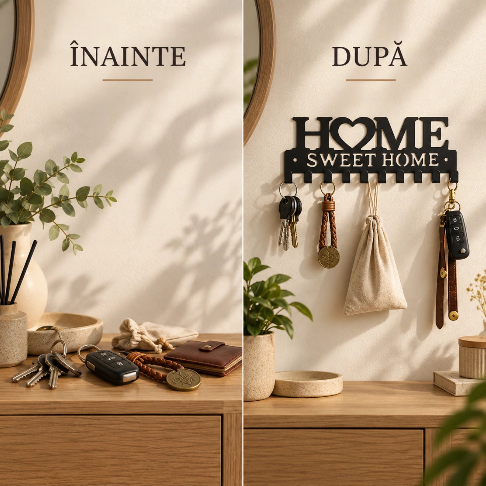 Cuier de perete HASEPE® metalic negru, 10 carlige, model Home Sweet Home, cuier perete pentru chei, 26x9,2x1,7 cm