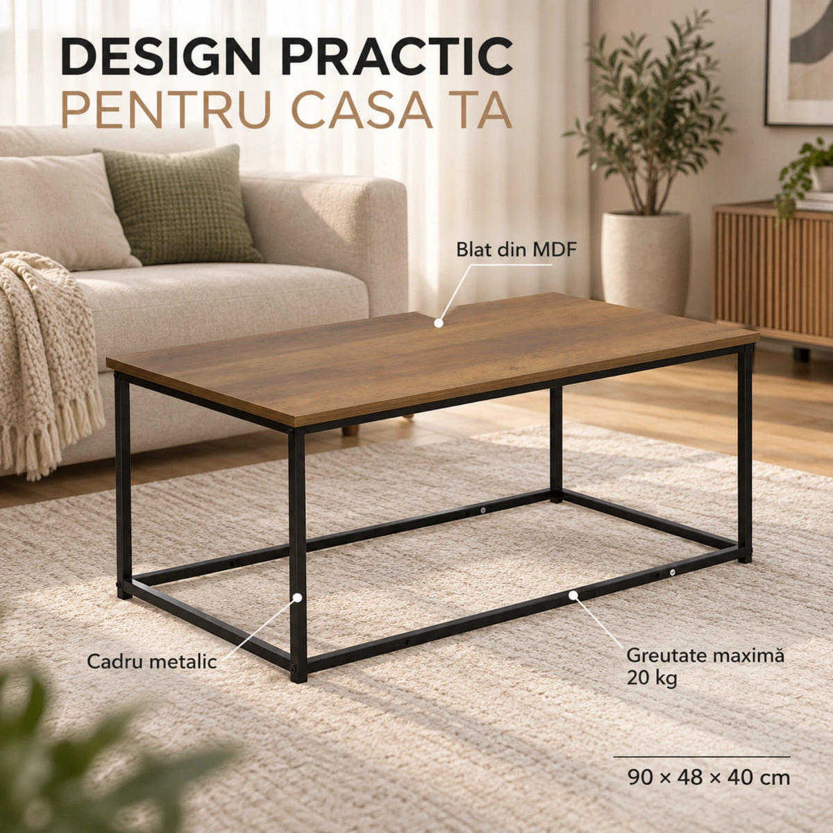 Masa HASEPE® Dreptunghiulara 90x48x40 cm, Blat MDF Culoare Naturala Si Cadru Metalic Negru, Masuta Pentru Living Si Interior