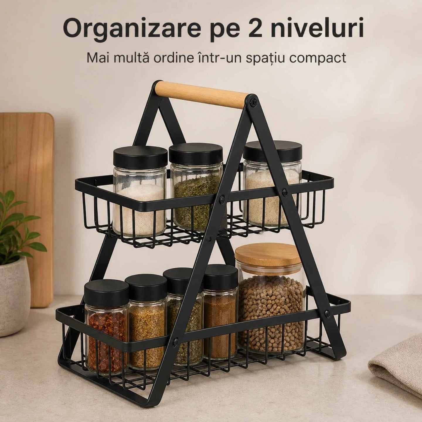 Raft Bucatarie HASEPE® Cu 2 Nivele, Etajera Depozitare Metalica Neagra Cu Maner Din Lemn, 22x14x26cm