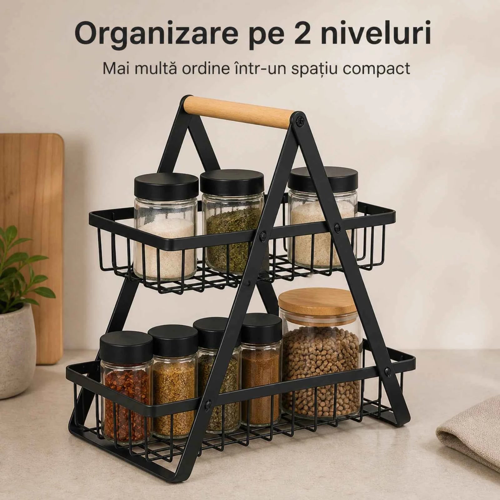 Raft Bucatarie HASEPE® Cu 2 Nivele, Etajera Depozitare Metalica Neagra Cu Maner Din Lemn, 22x14x26cm