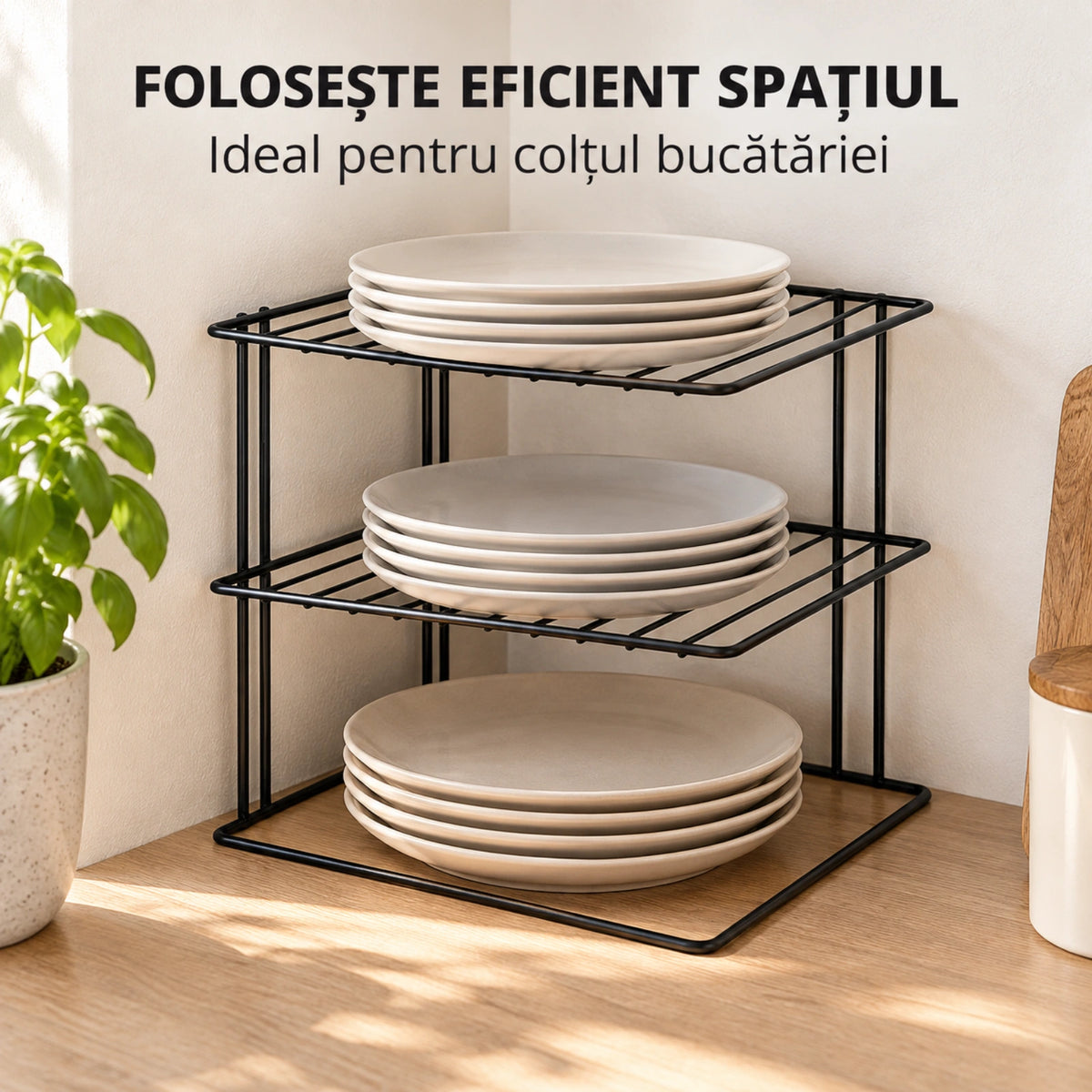 Organizator bucatarie HASEPE® raft de colt cu 3 nivele, metal negru, 23x23x21 cm, raft organizator pentru farfurii si dulap