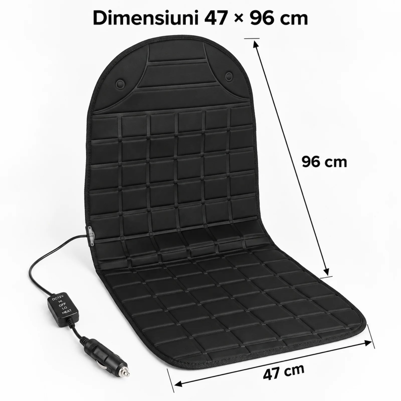 Husa Scaun Auto cu Incalzire HASEPE® 12V, Alimentare la Bricheta Auto, 47x96 cm, Negru