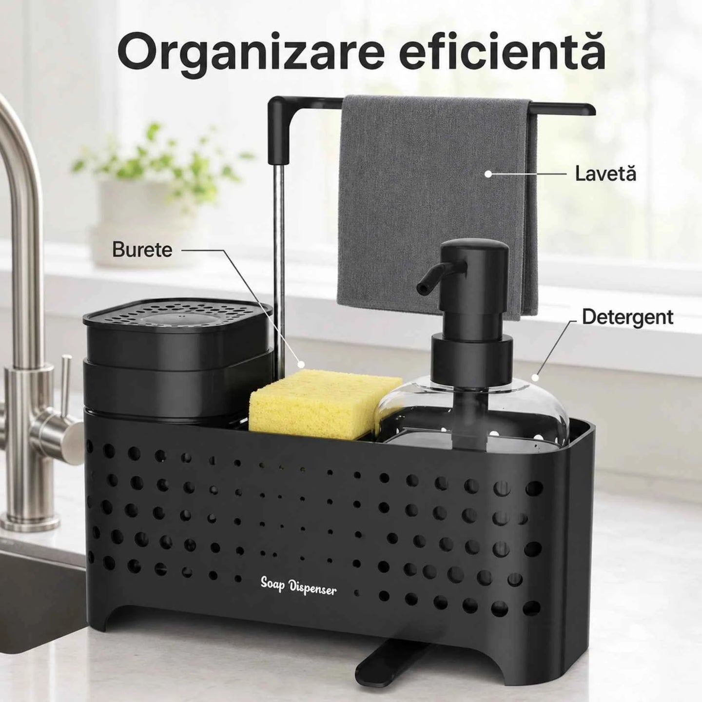 Dozator Sapun HASEPE® pentru Organizare Chiuveta, Dispenser Sapun pentru Detergent si Bureti, 23x10x24,5 cm