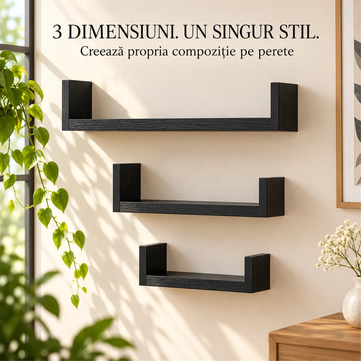 Set 3 Rafturi De Perete HASEPE®, Set 3 Rafturi Suspendate Negru, Rafturi Decorative Cu Suporturi Ascunse