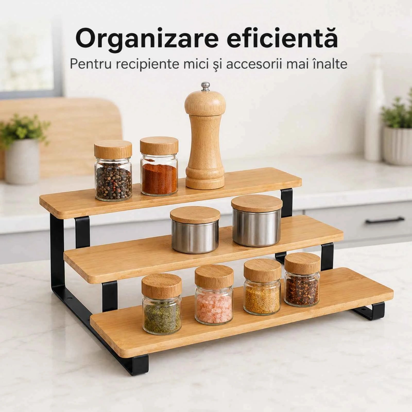 Suport condimente HASEPE® din bambus si metal, organizator condimente cu 3 niveluri pentru bucatarie, suport condimente 32x23x9,8 cm