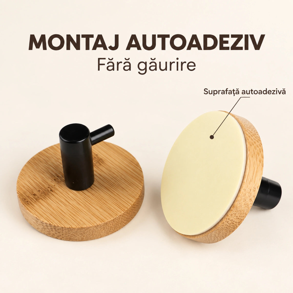 Carlige Autoadezive HASEPE® din Bambus, 2 Bucati, Ø4,8 cm, Carlige Baie Rotunde cu Suport Negru PP, Cuier Baie pentru Prosoape si Accesorii Mici de Baie
