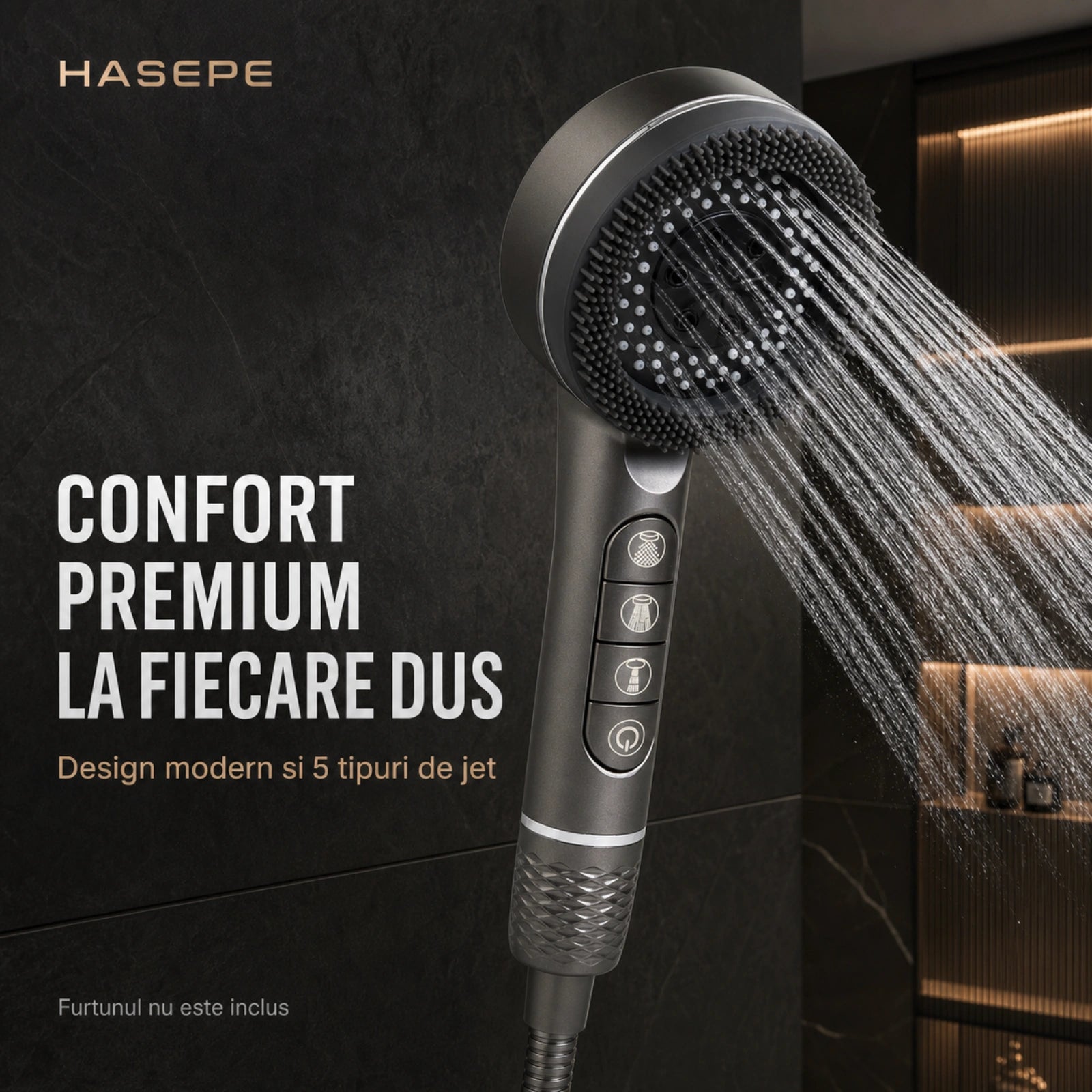 Para Dus HASEPE® Cu 5 Functii, Capat Dus Cu Jet Ploaie si Masaj, Economisire Apa, Montaj Universal 21 mm