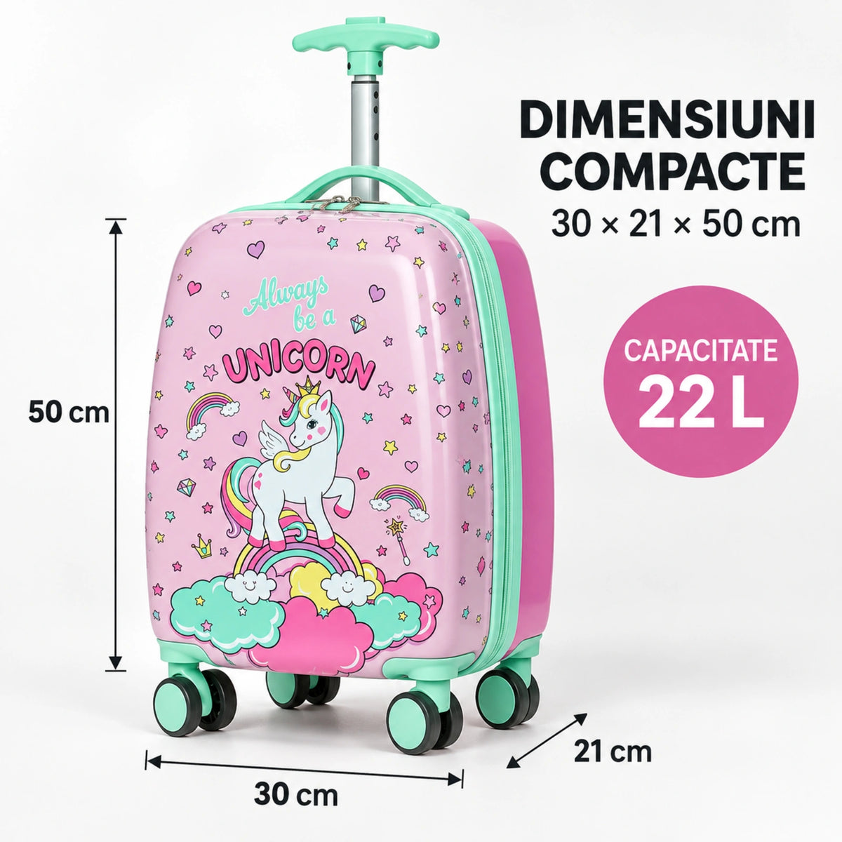 Troler Copii HASEPE® Roz Verde cu Unicorn, Valiza Copii 22.8L din Copolimer ABS, 4 Roti Duble Rotative, Maner Telescopic pana la 85 cm
