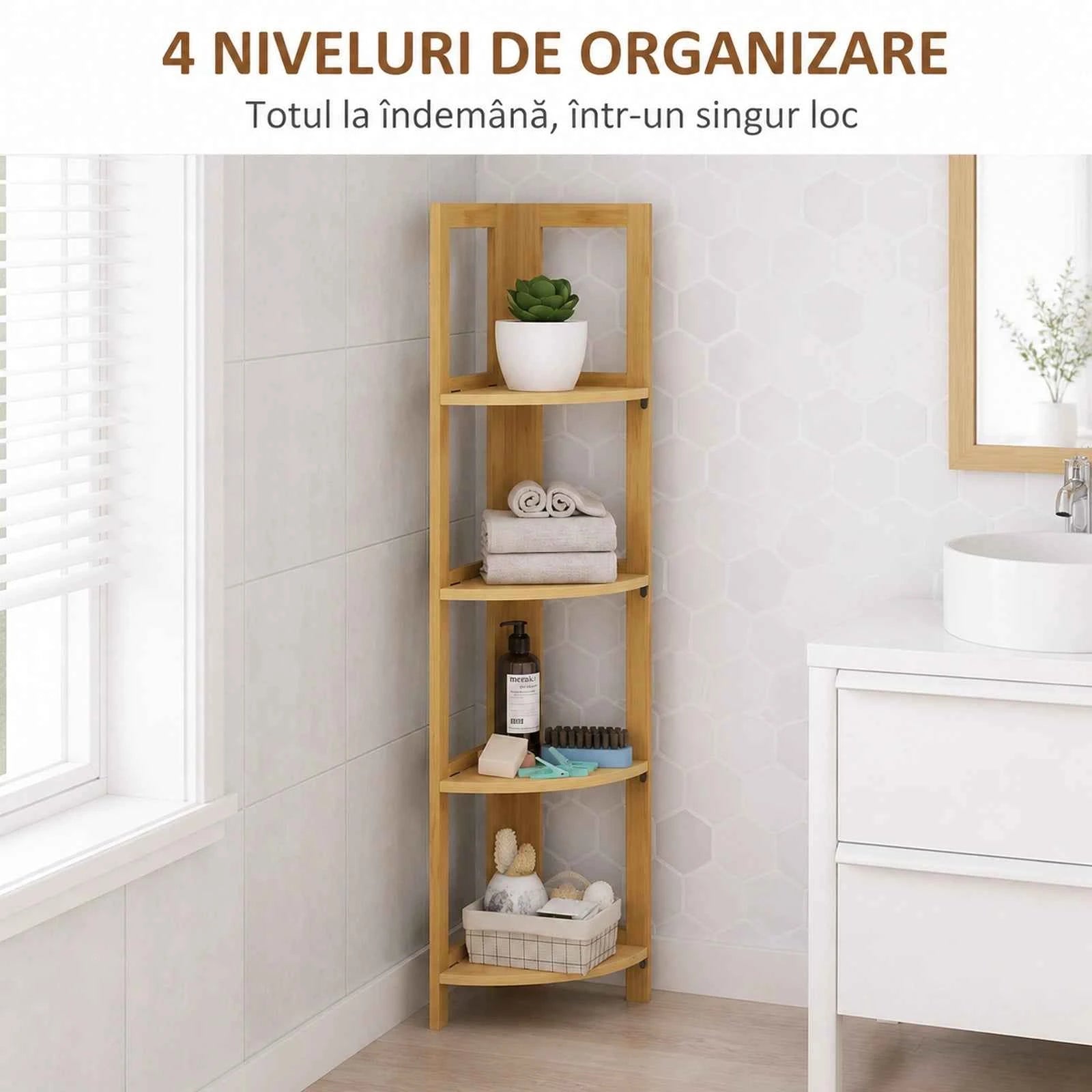 Raft de Colt HASEPE® din Bambus, 4 Polite, 39.5x27x120 cm, Raft Depozitare pentru Baie, Bucatarie si Casa