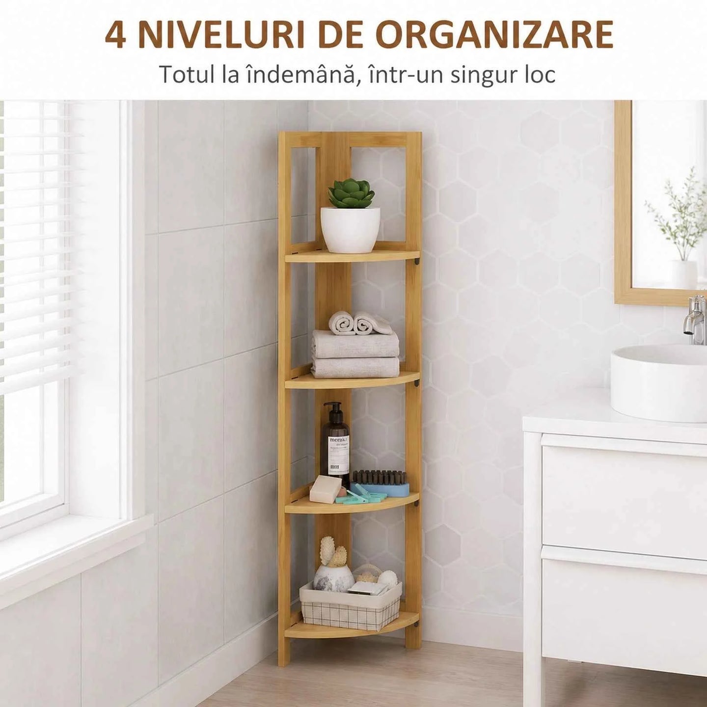 Raft de Colt HASEPE® din Bambus, 4 Polite, 39.5x27x120 cm, Raft Depozitare pentru Baie, Bucatarie si Casa