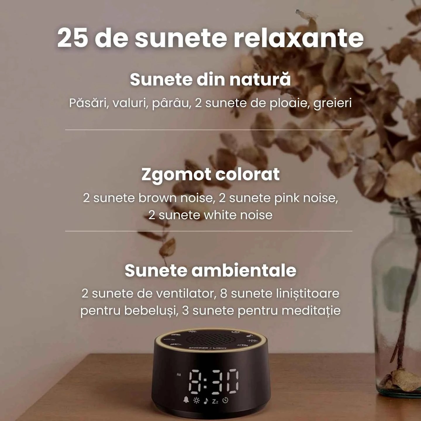 Aparat Sunete Albe HASEPE® Pentru Bebelusi, Aparat White Noise Cu Ceas Si Alarma