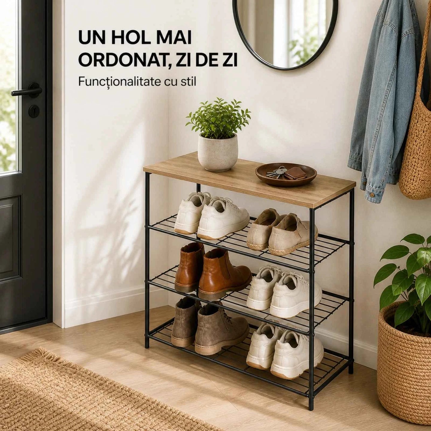 Pantofar HASEPE® Metalic cu Raft din Lemn, 3 Rafturi pentru Incaltaminte, 60x30x63 cm, Pantofar pentru Hol si Intrare