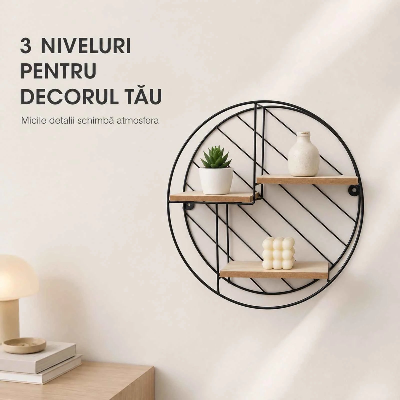 Raft Suspendat HASEPE® Decorativ Rotund, Raft Perete cu 3 Nivele MDF, Etajera Perete Metal si Lemn, Raft Suspendat Ø30x9 cm