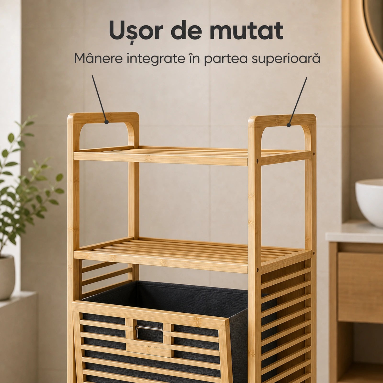 Cos Rufe HASEPE® Din Bambus Cu Rafturi, Cos Rufe Cu Sac Textil Detasabil, 40x30x95cm