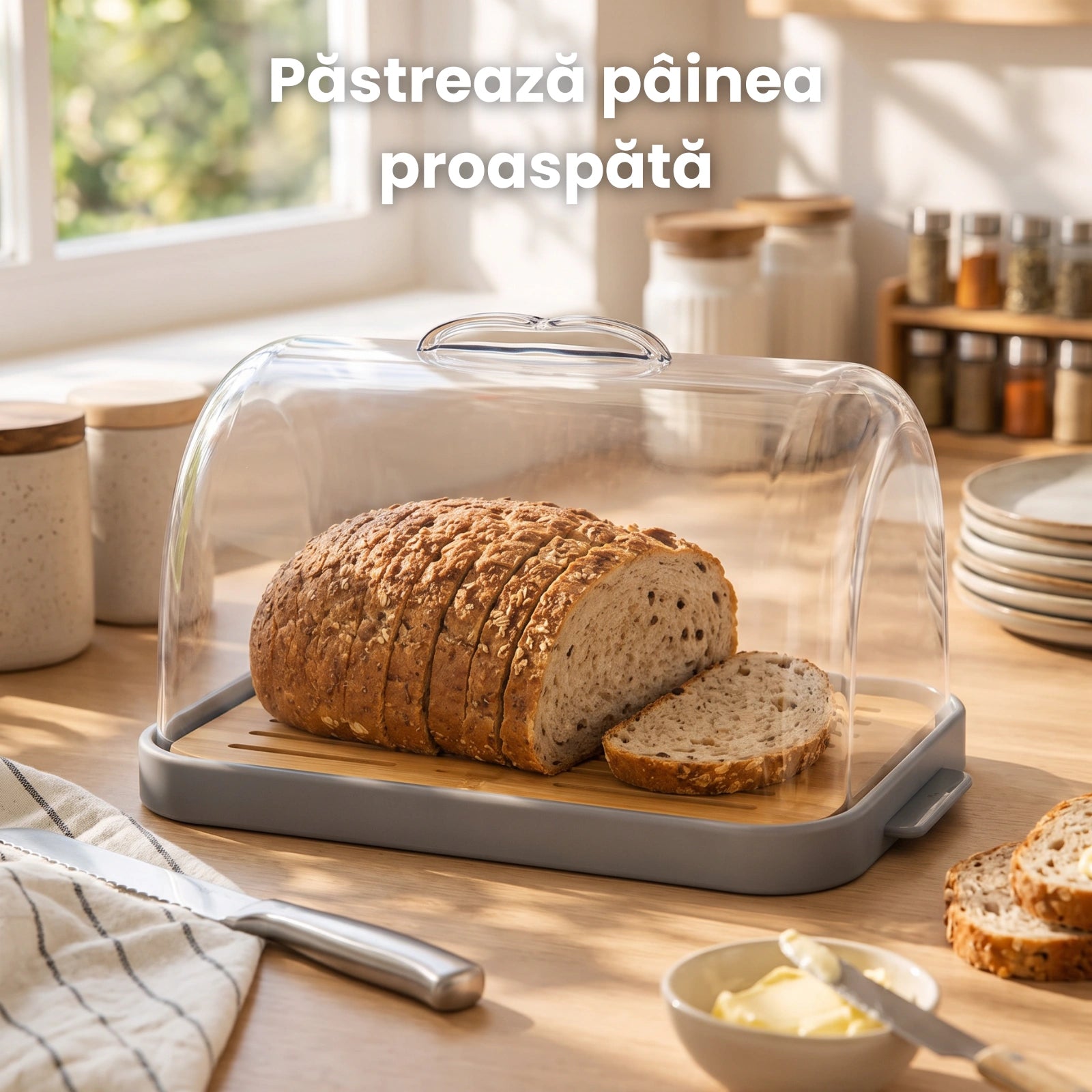 Cutie Paine HASEPE® Cu Capac Transparent, Cutie Depozitare Paine Din Plastic PP Si Bambus
