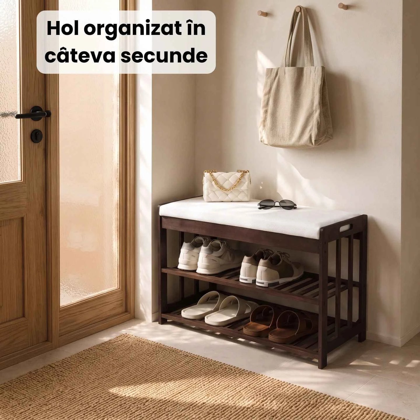 Pantofar HASEPE® Dulap Pantofi Cu Bancheta Din Lemn, Organizator Pantofi Cu 3 Nivele Mari