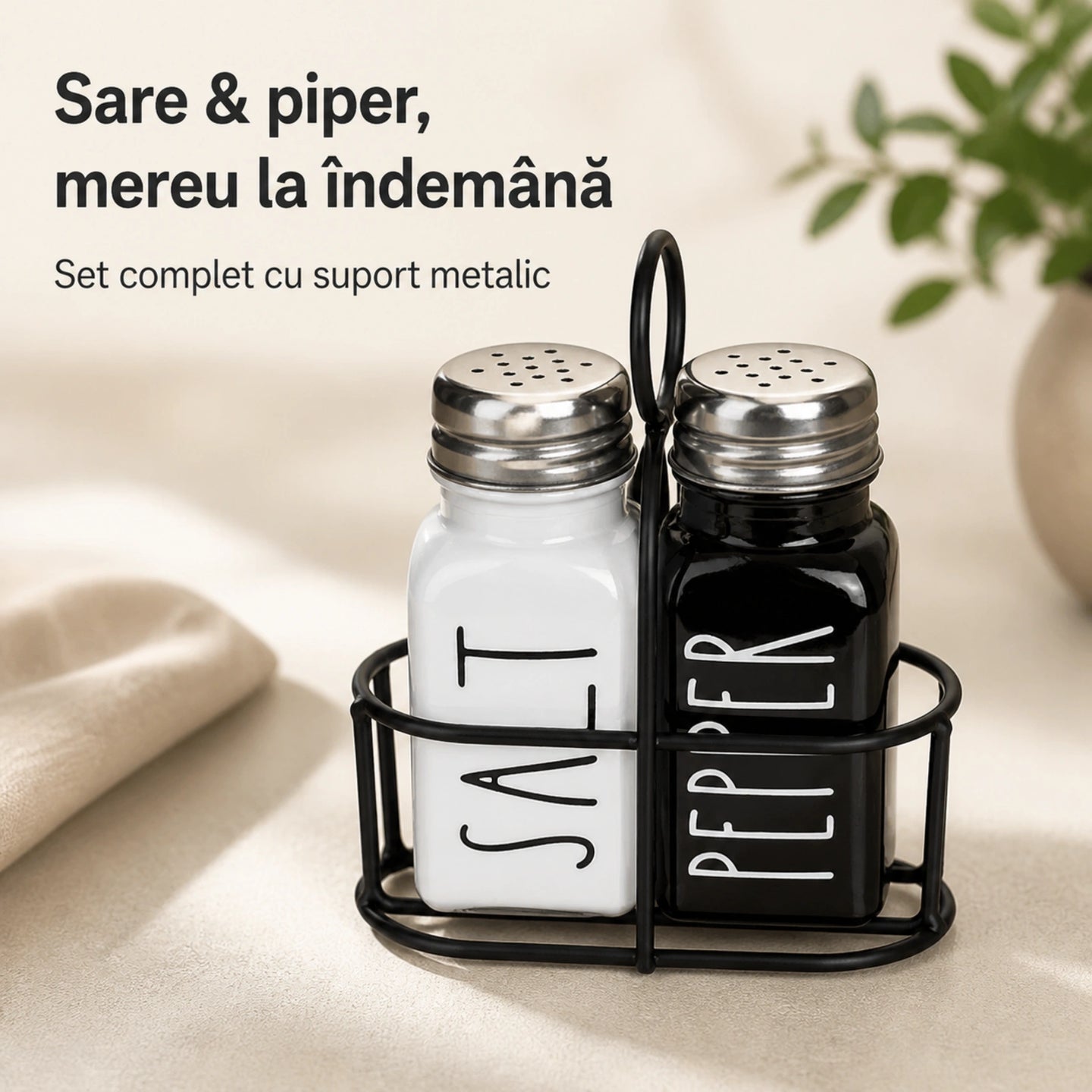 Set Solnita Sare Piper HASEPE® Din Sticla Cu Baza Metalica, Dozator Condimente Elegant 85ml