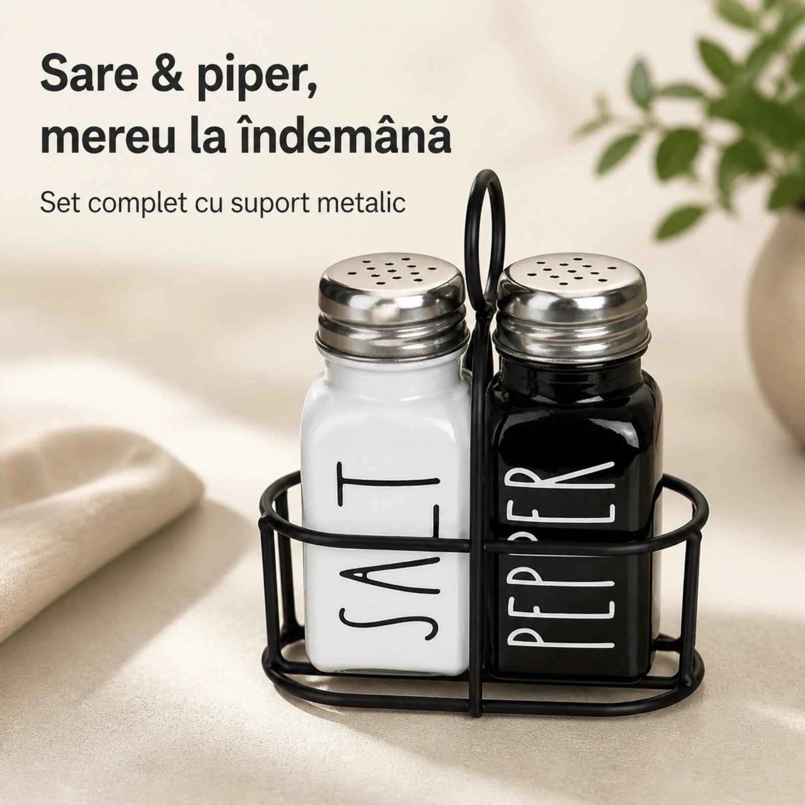 Set Solnita Sare Piper HASEPE® Din Sticla Cu Baza Metalica, Dozator Condimente Elegant 85ml